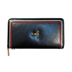 Gostwo‎ Bee Wallet Clutch Black Leather with Red Gold Embroidery Zip Around